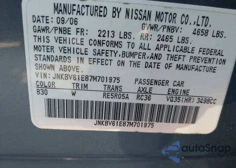 2007 Infiniti G35 Sport z USA, uszkodzony, nr VIN JNKBV61E87M701975